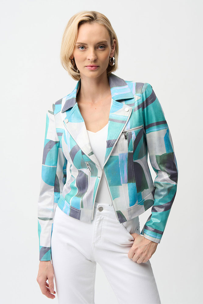 Joseph Ribkoff, Foiled Faux Suede Geometric Print Fitted Jacket