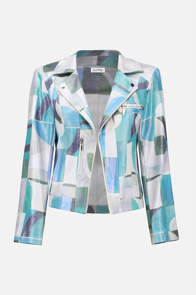 Joseph Ribkoff, Foiled Faux Suede Geometric Print Fitted Jacket